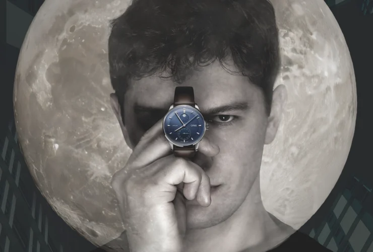 Oris Star Edition with silver dial and black leather strap in a 35 mm stainless steel case