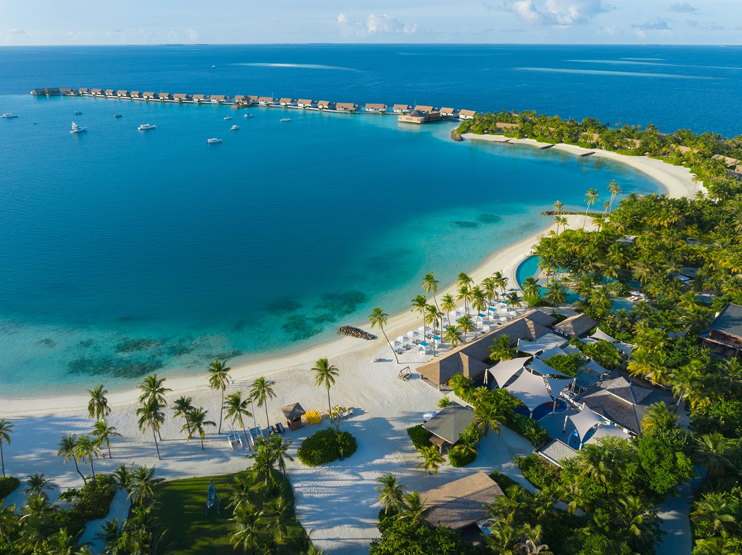 Aerial drone view of Waldorf Astoria Maldives Ithaafushi island resort
