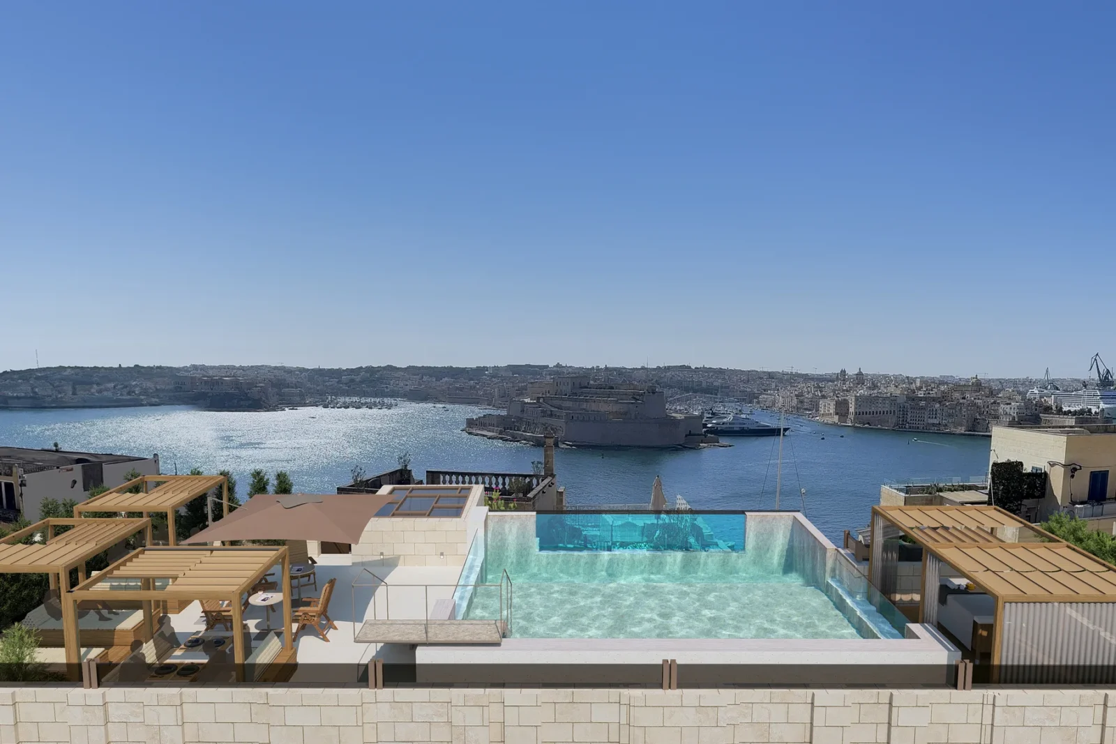 Iniala Solis rooftop infinity pool overlooking Valletta's Grand Harbour, Malta