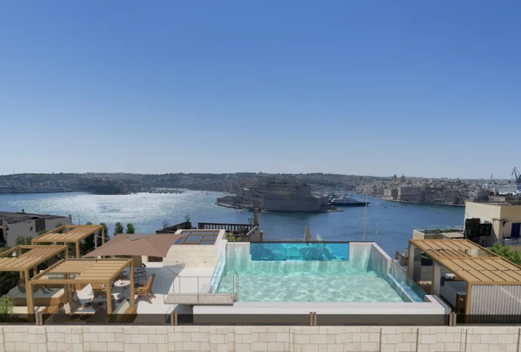 Iniala Solis rooftop infinity pool overlooking Valletta's Grand Harbour, Malta
