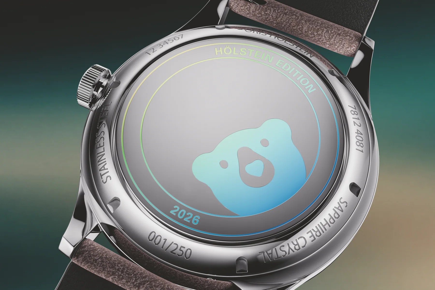 The engraved Oris Bear on the Hölstein Edition 2026 caseback with an iridescent rainbow laser finish