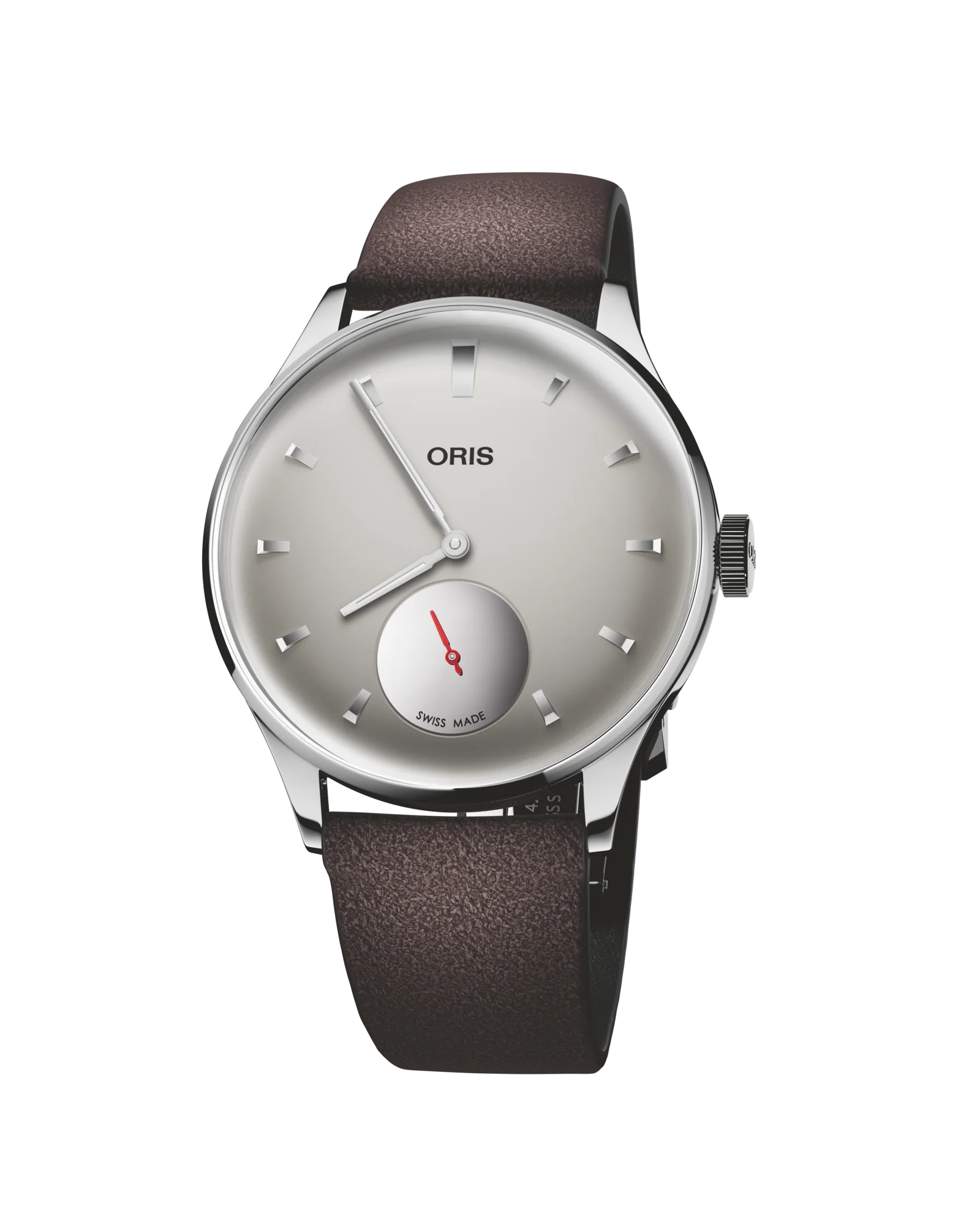 Profile view of the Oris Hölstein Edition 2026 showing the stainless-steel case and suede strap
