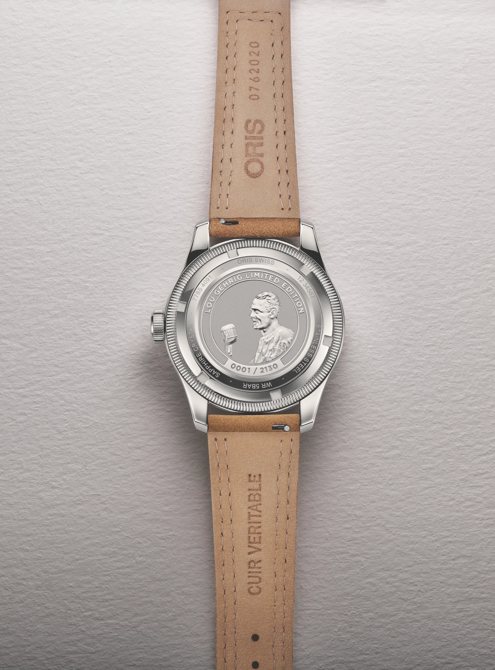 The caseback of the Oris Lou Gehrig Limited Edition engraved with his image and farewell speech