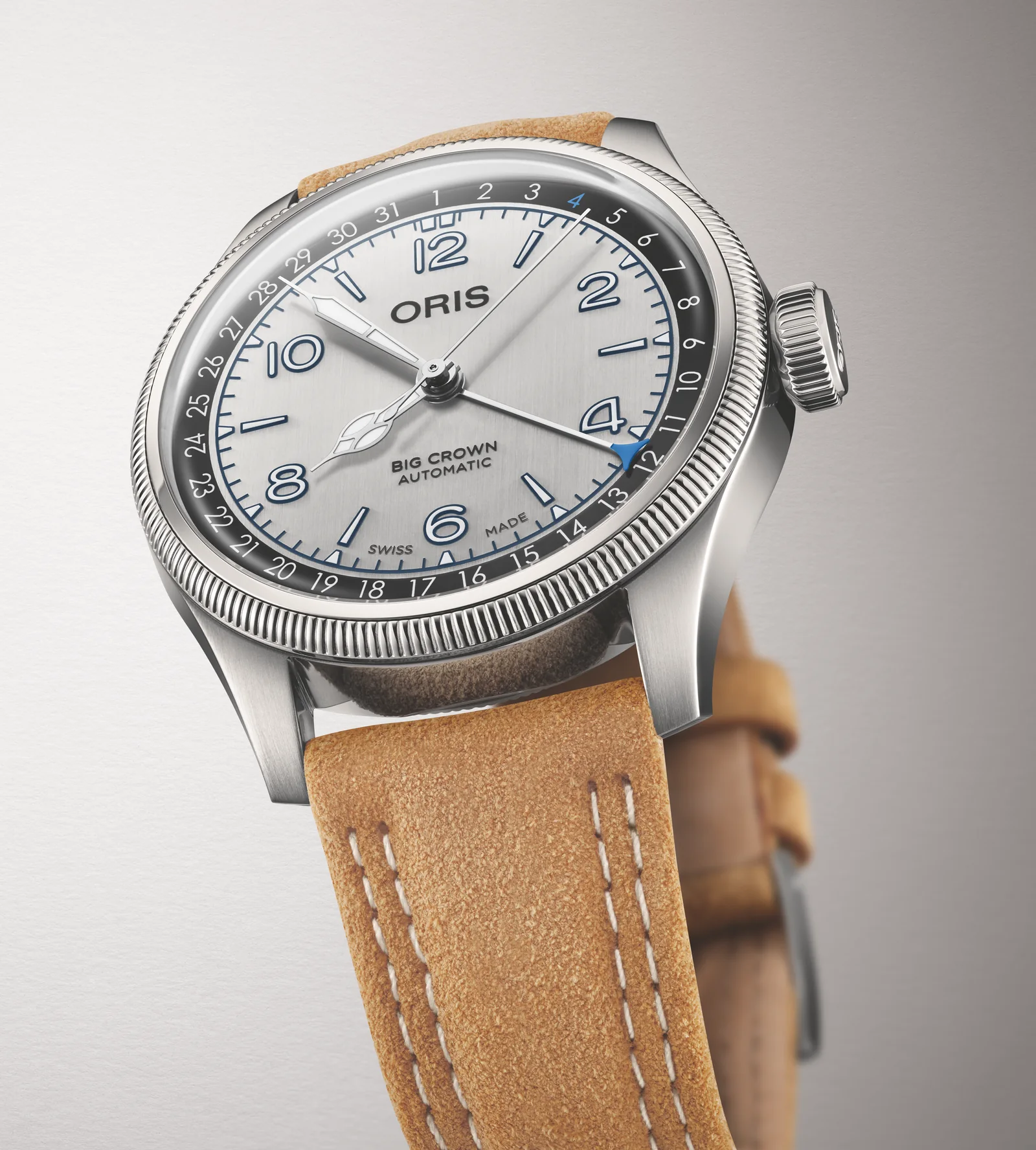 A close-up of the Oris Lou Gehrig Limited Edition dial showing the blue number four on the date ring