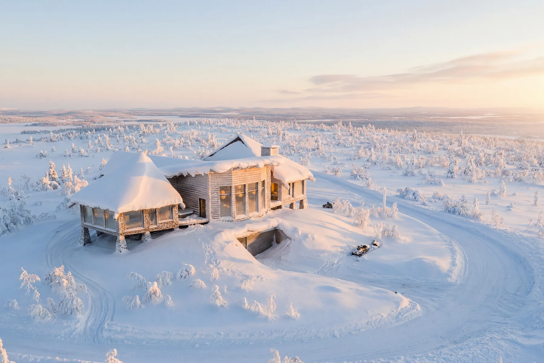 An aerial view of Octola III private wilderness estate in Finnish Lapland at golden hour