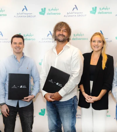 Deliveroo and Alshaya Group executives at the partnership signing for beauty and retail delivery in Kuwait and the UAE