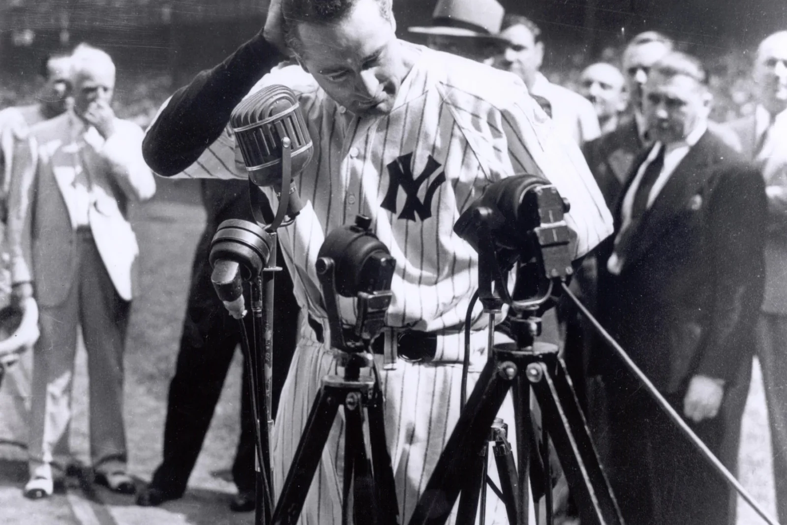 Baseball legend Lou Gehrig of the New York Yankees batting, in a vintage black and white photograph
