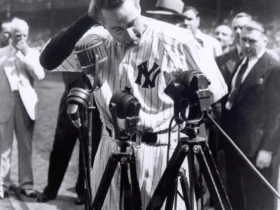 Baseball legend Lou Gehrig of the New York Yankees batting, in a vintage black and white photograph