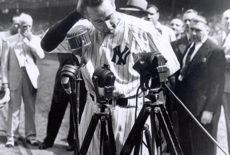 Baseball legend Lou Gehrig of the New York Yankees batting, in a vintage black and white photograph