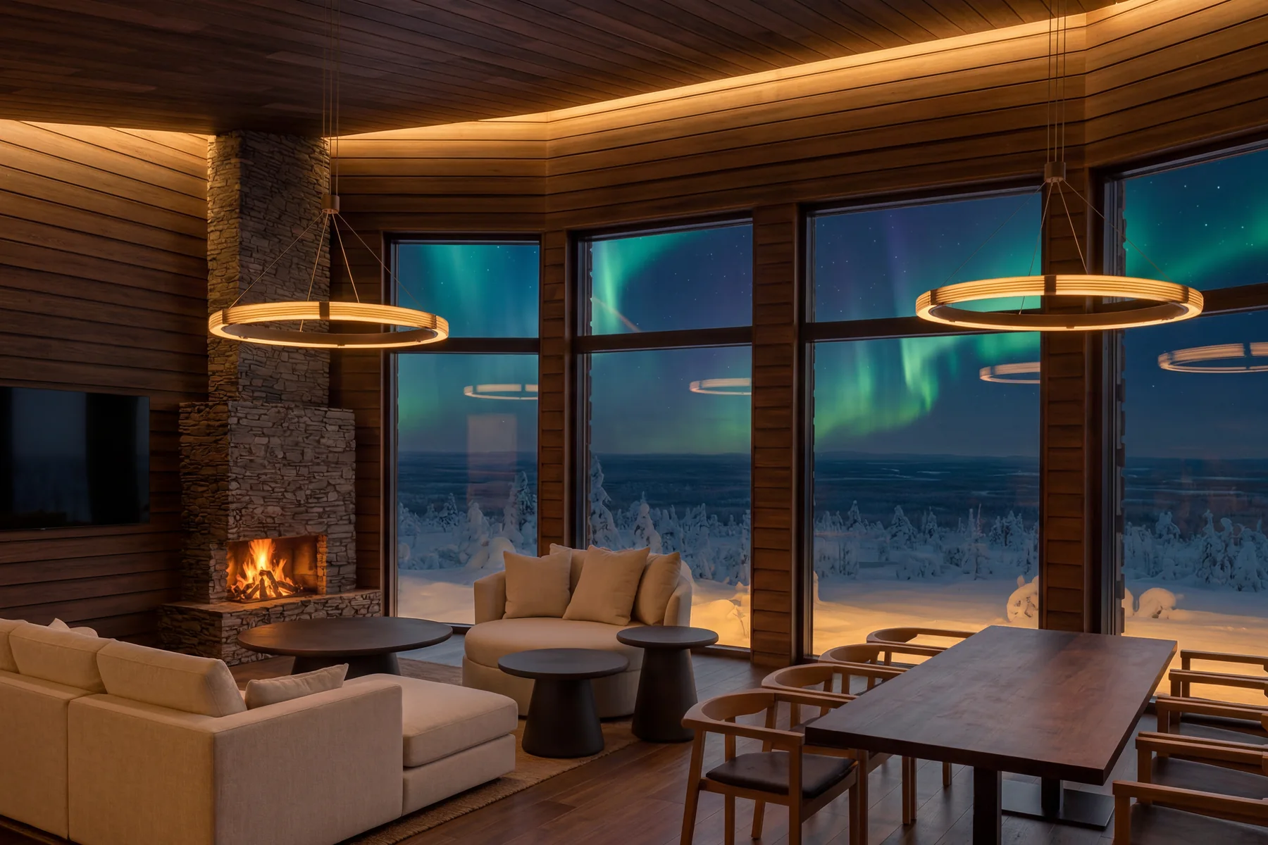 The lounge at Octola III with aurora through the windows