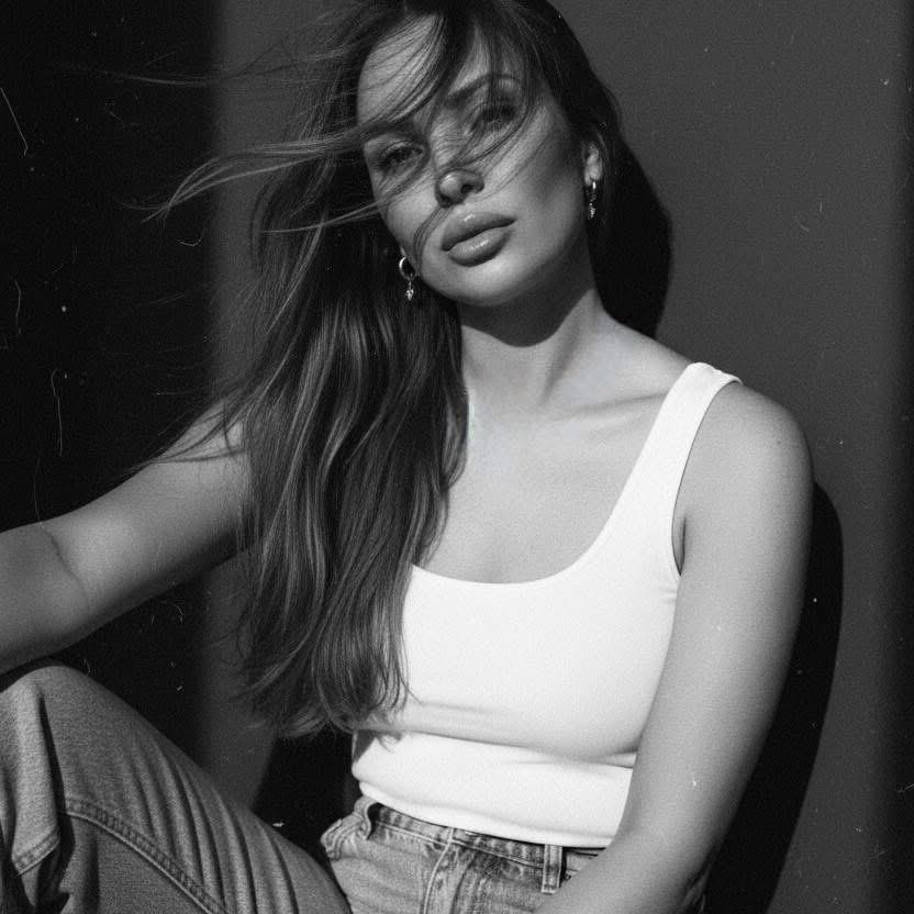 Israa Galal, fashion stylist and art director, black and white portrait