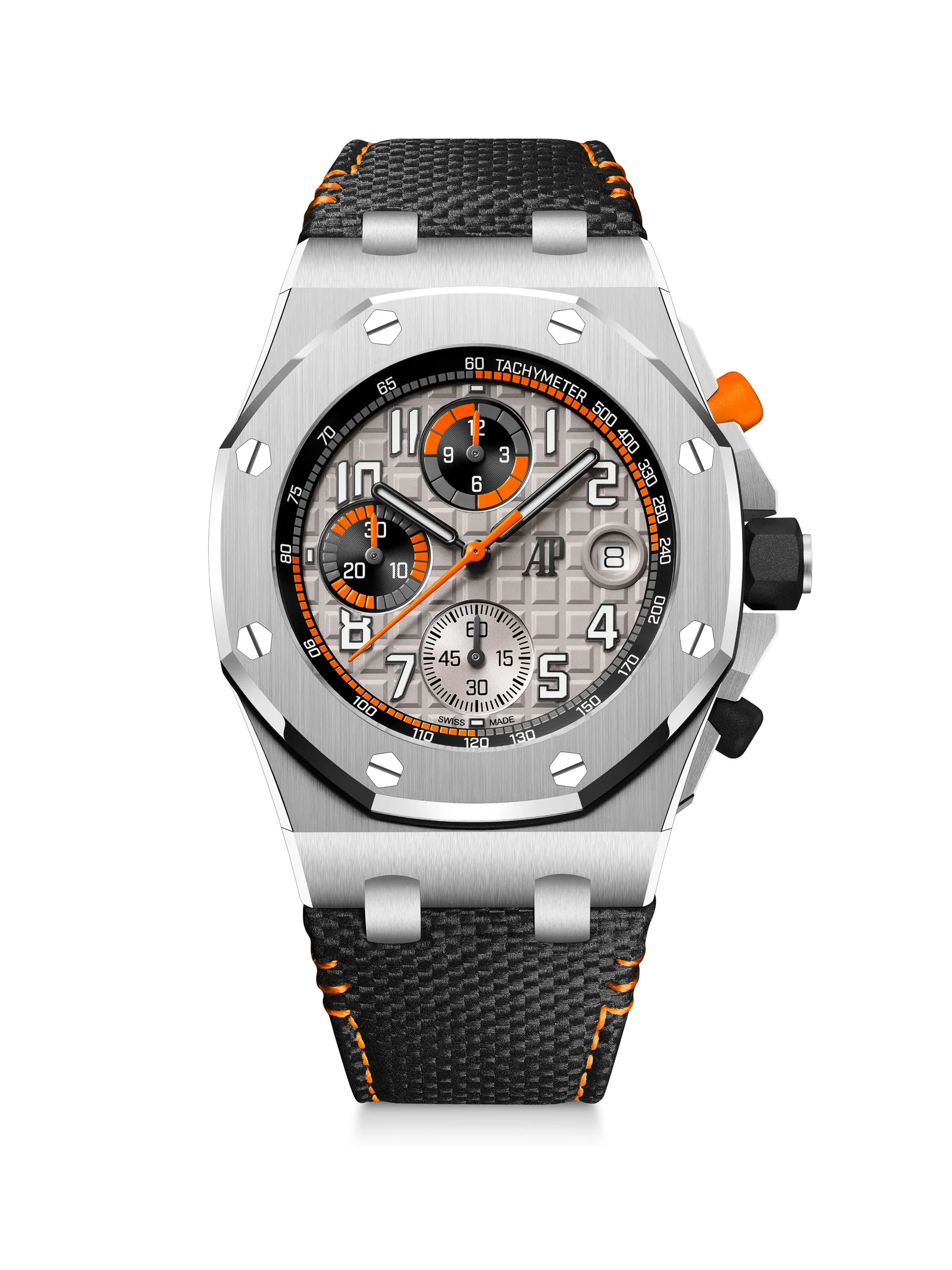 The 42mm stainless-steel Royal Oak Offshore Chronograph with a silver dial and orange accents