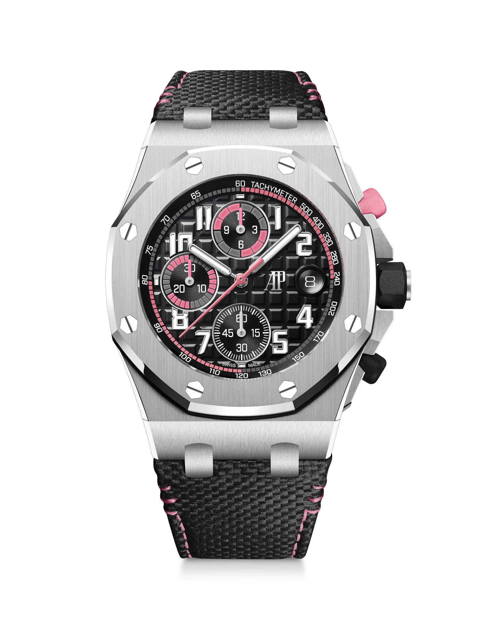 The 42mm stainless-steel Royal Oak Offshore Chronograph with a black dial and pink accents