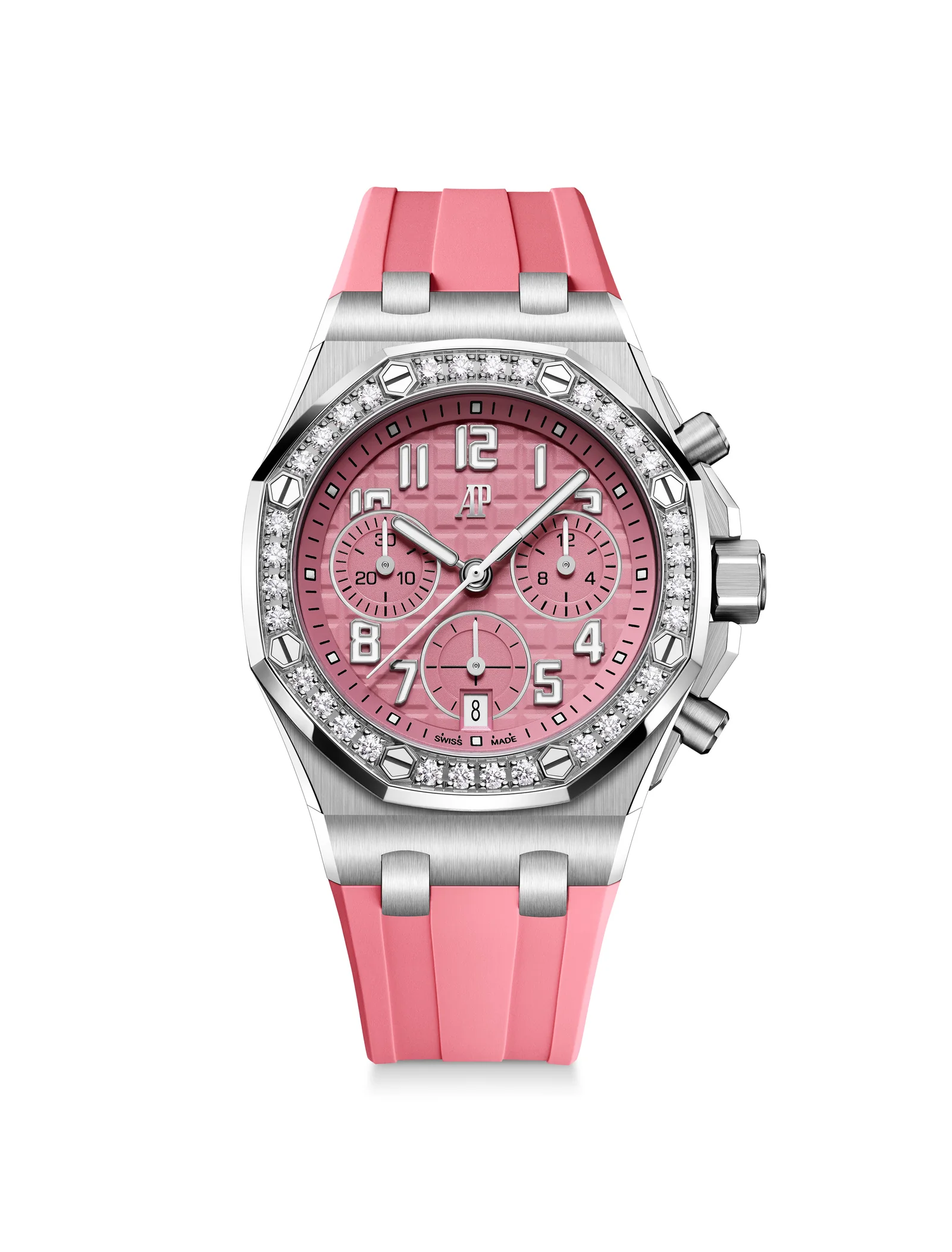 The 37mm titanium Royal Oak Offshore Chronograph with a diamond-set bezel and pink dial