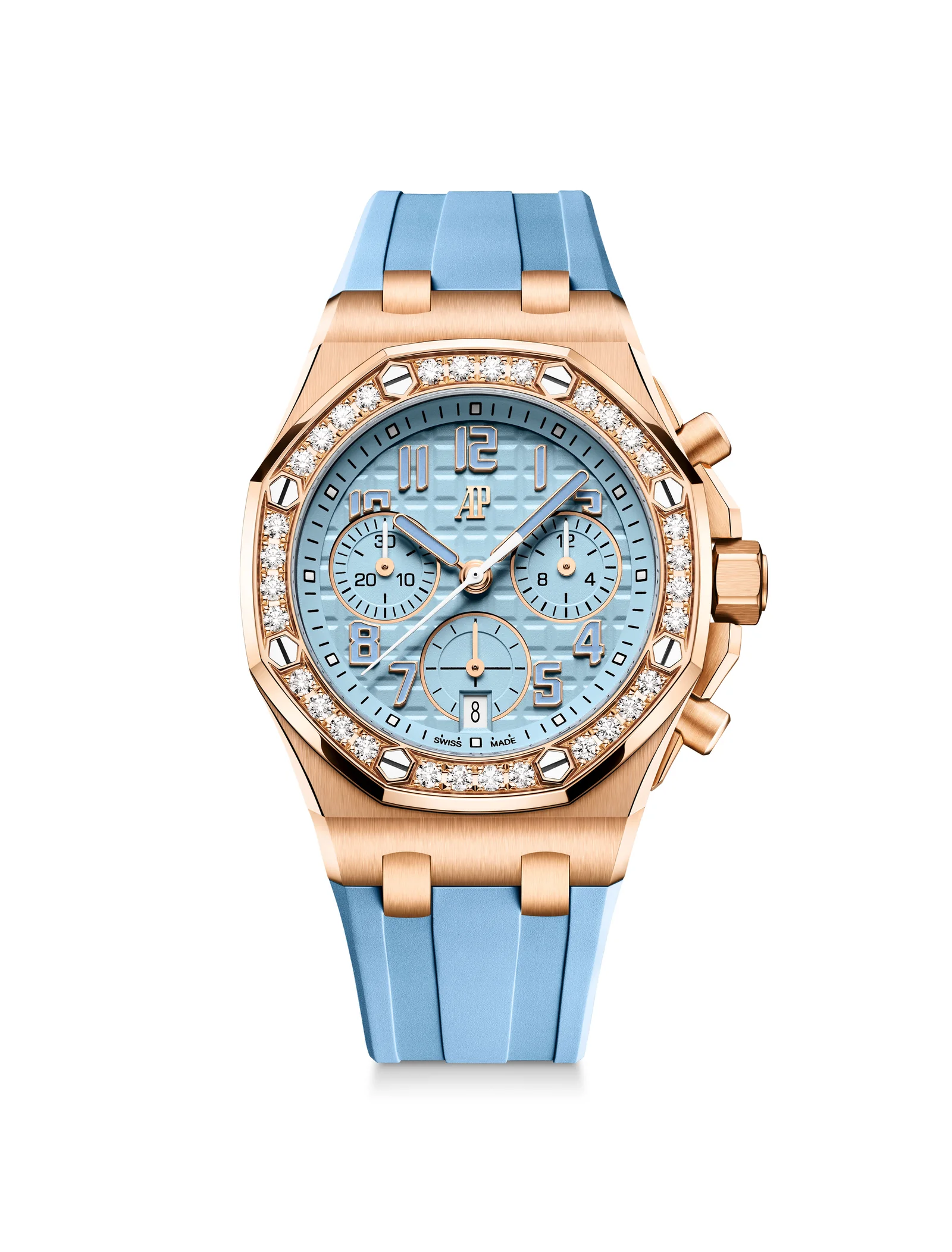 The 37mm 18-carat pink gold Royal Oak Offshore Chronograph with a light blue dial