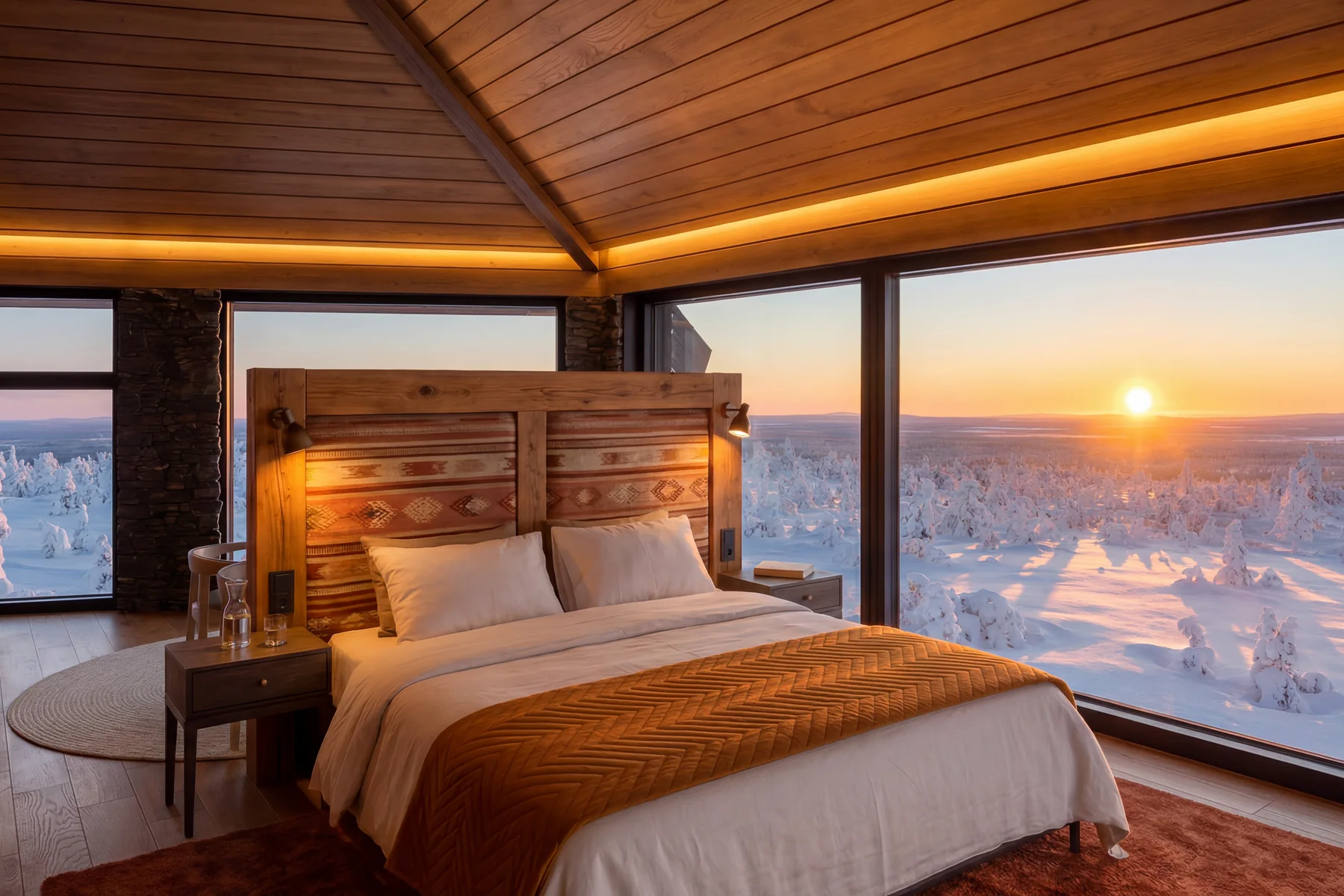 A suite at Octola III in Finnish Lapland at golden hour