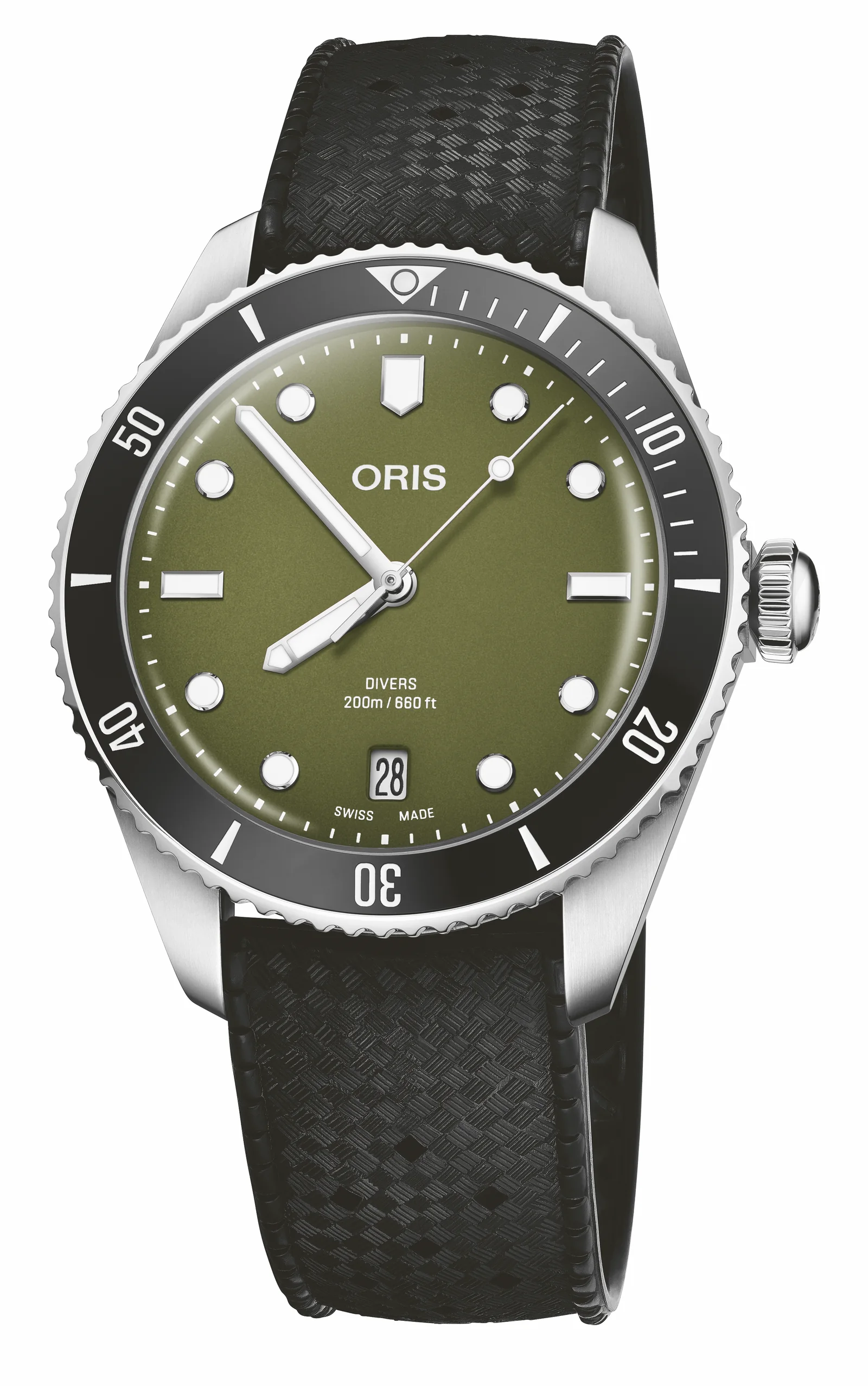 Oris Divers Date in olive green on a black rubber strap