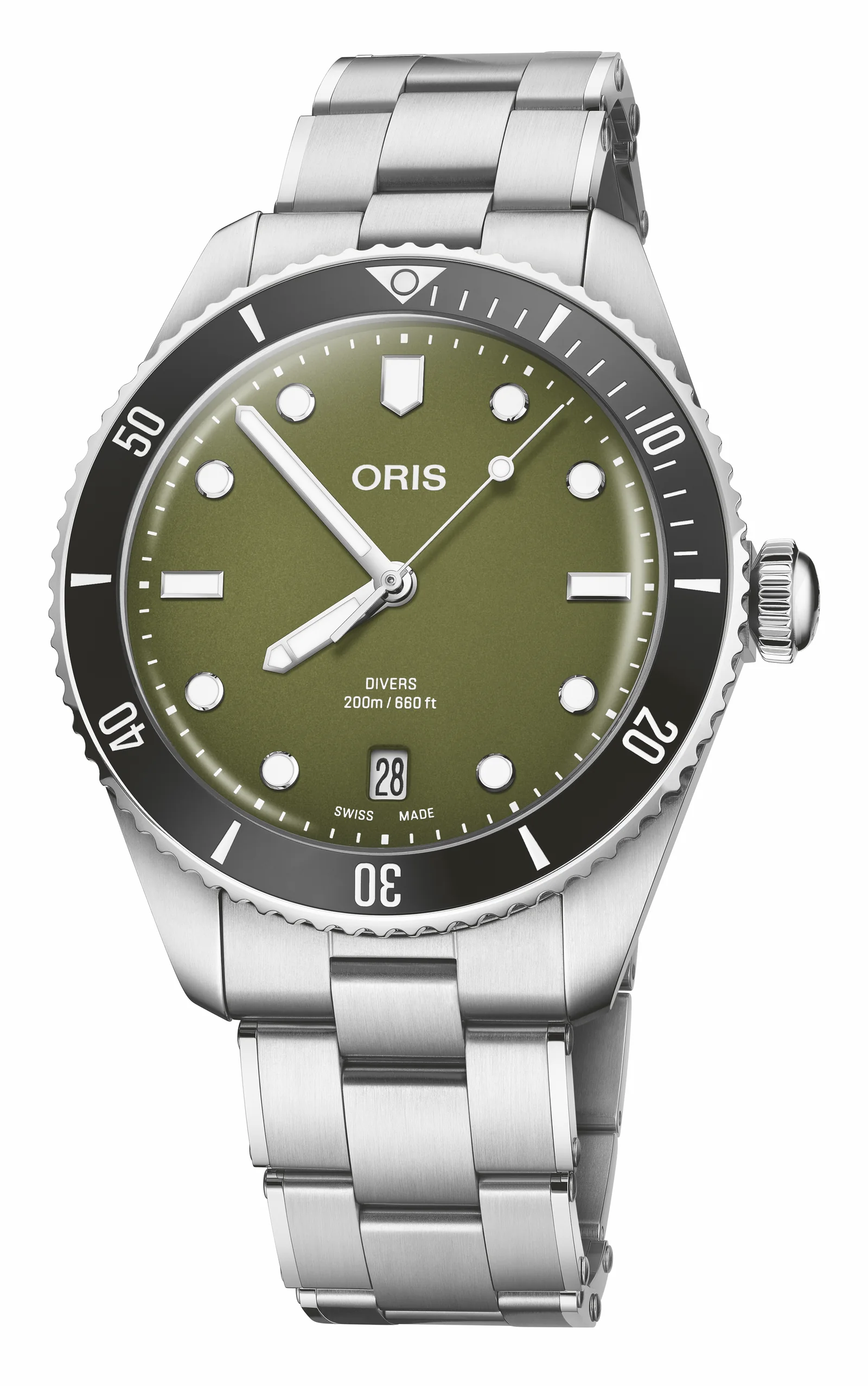 Oris Divers Date in olive green on a stainless steel bracelet