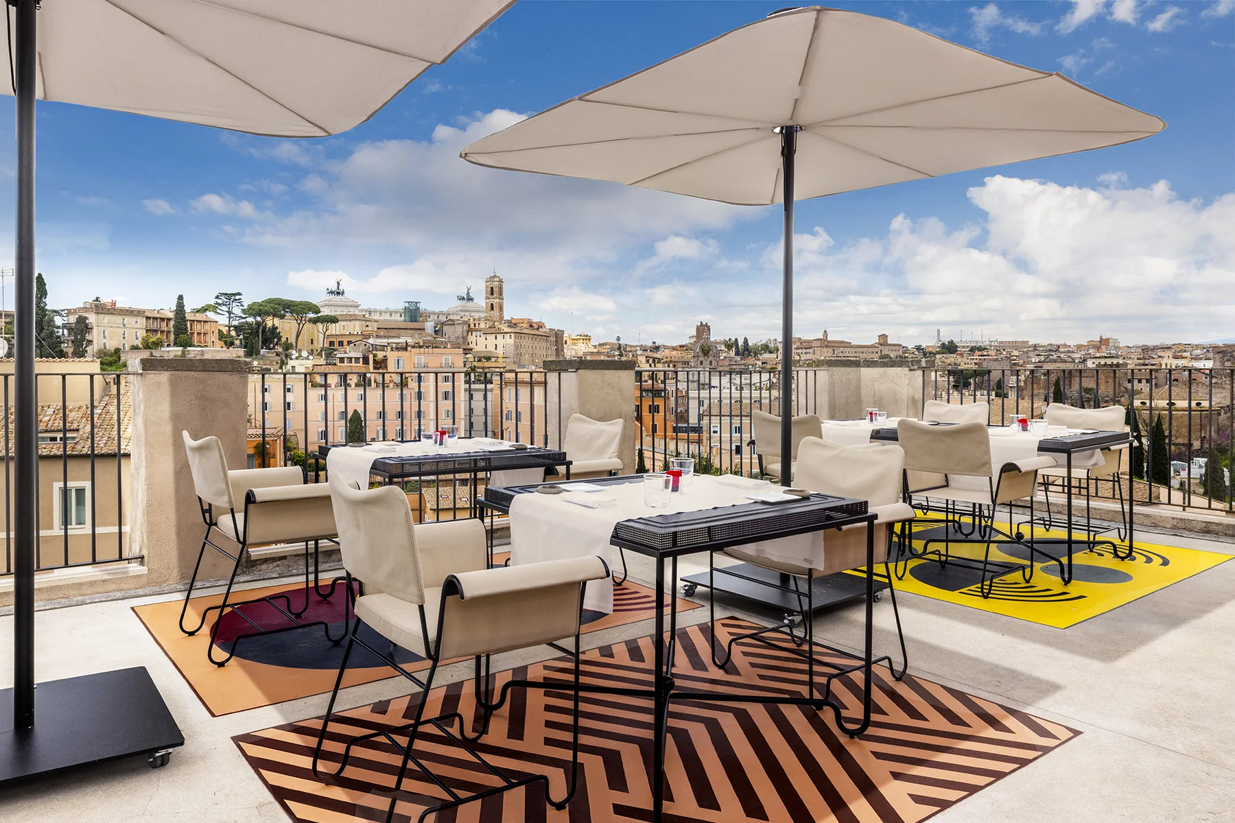 The rooftop at rhinoceros roma with a view across Rome