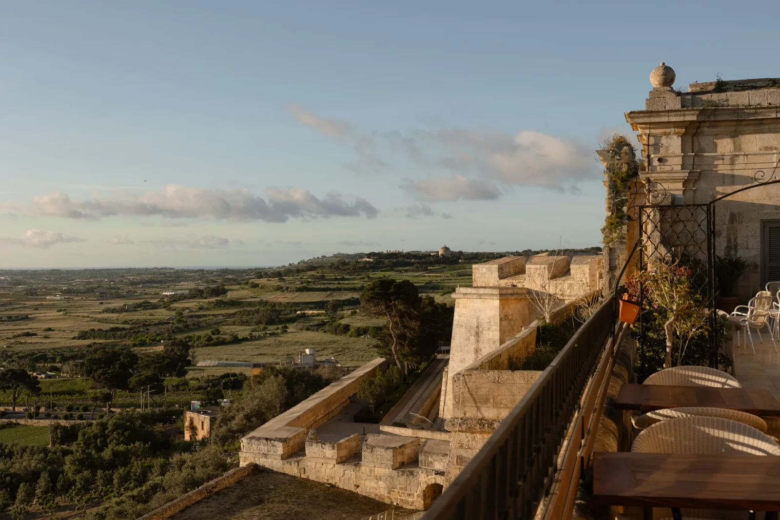 The Xara Palace on the medieval bastions of Mdina at dusk