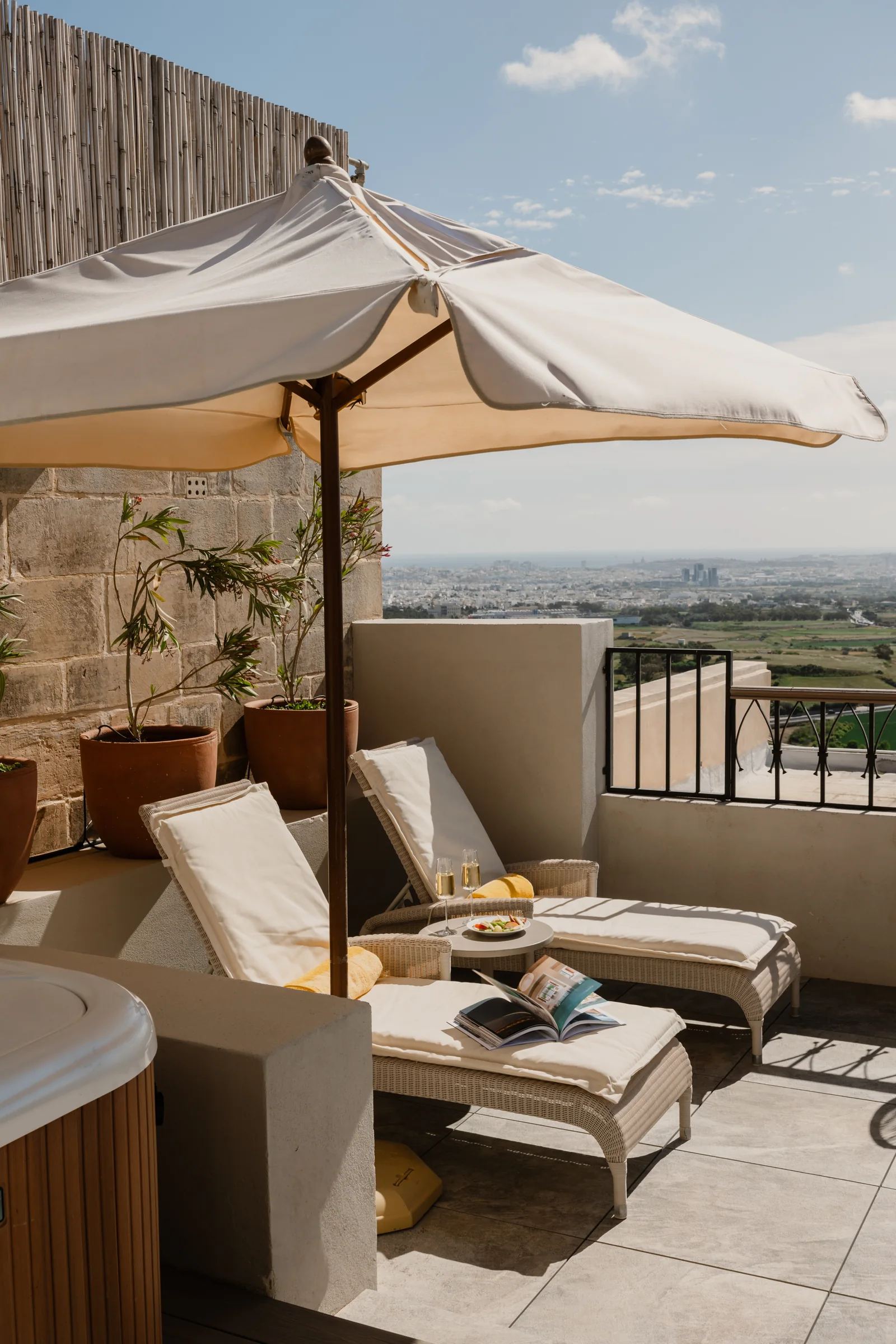 The rooftop terrace at The Xara Palace with a view across Malta