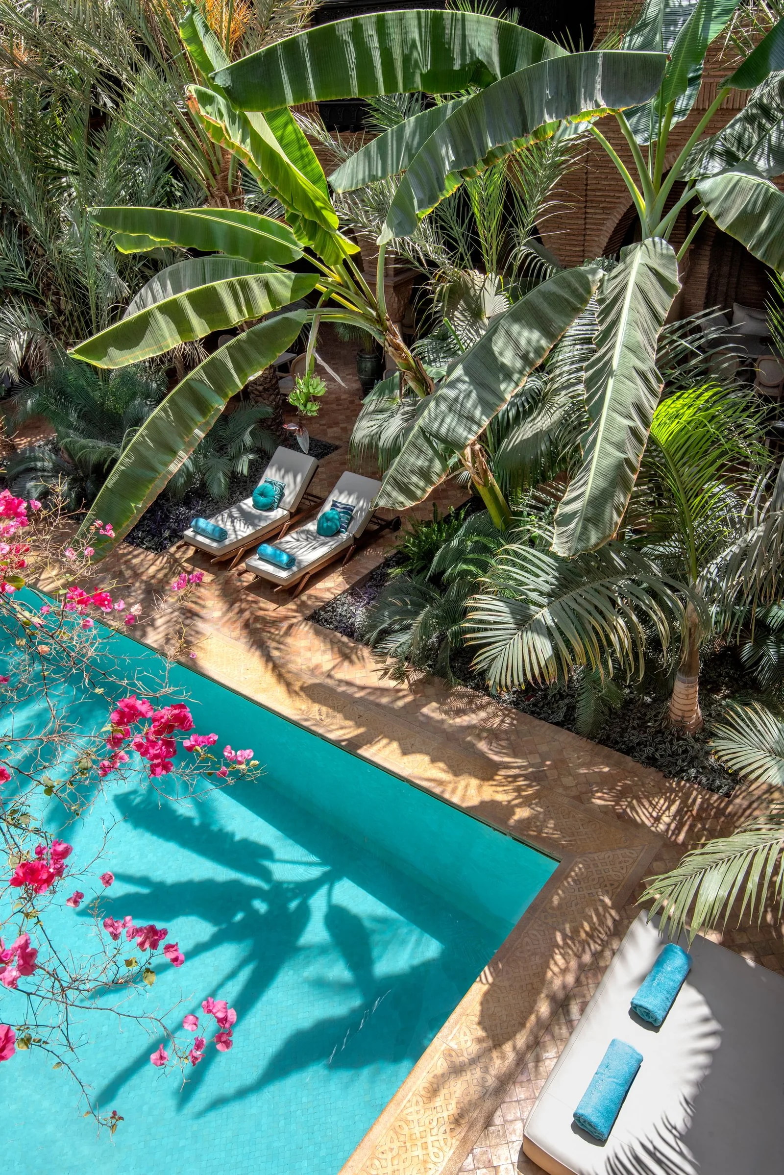 The pool at La Sultana Marrakech framed by pink blooms