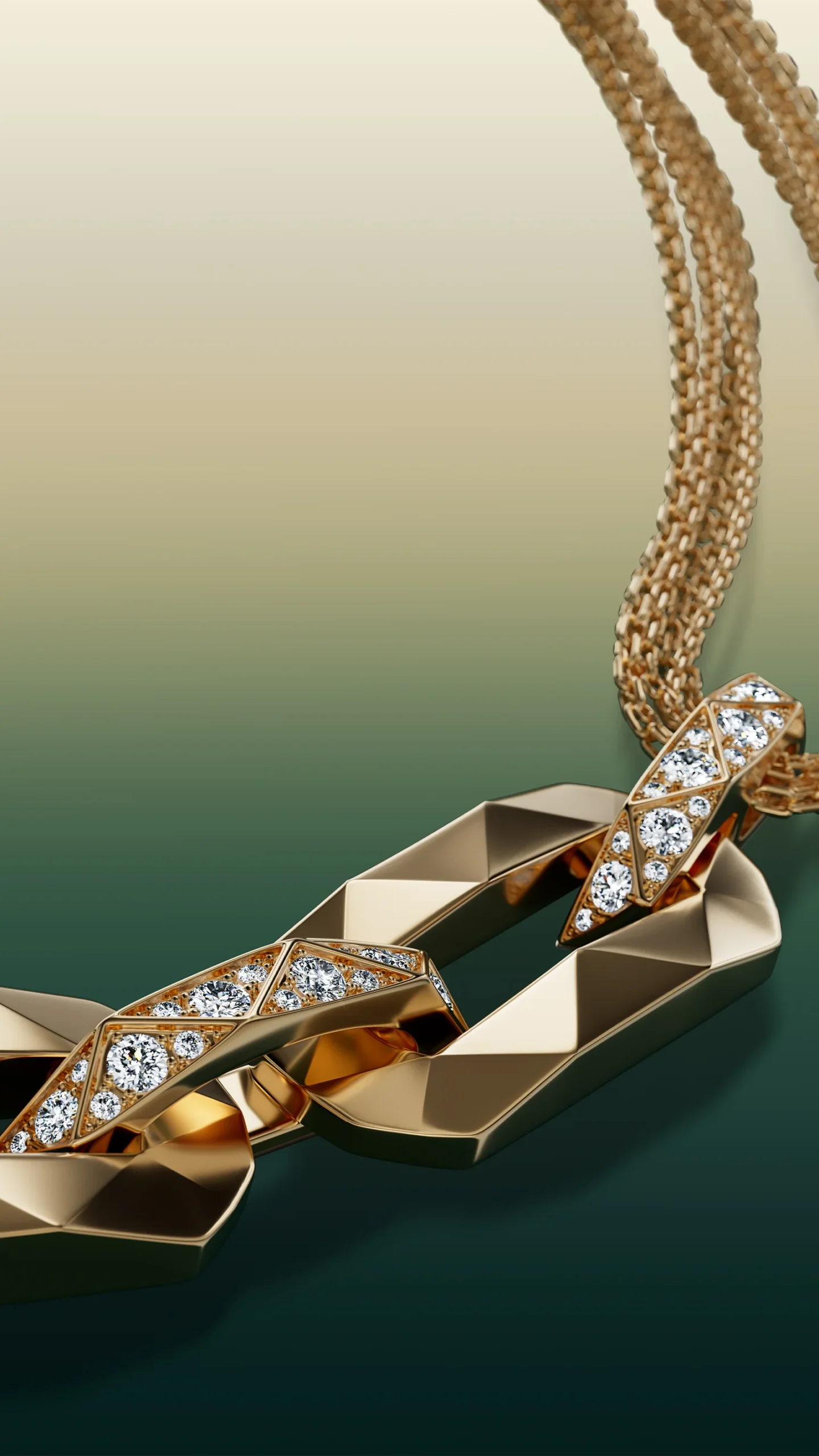 A Laurence Graff Signature faceted yellow gold necklace detail with pavé diamonds