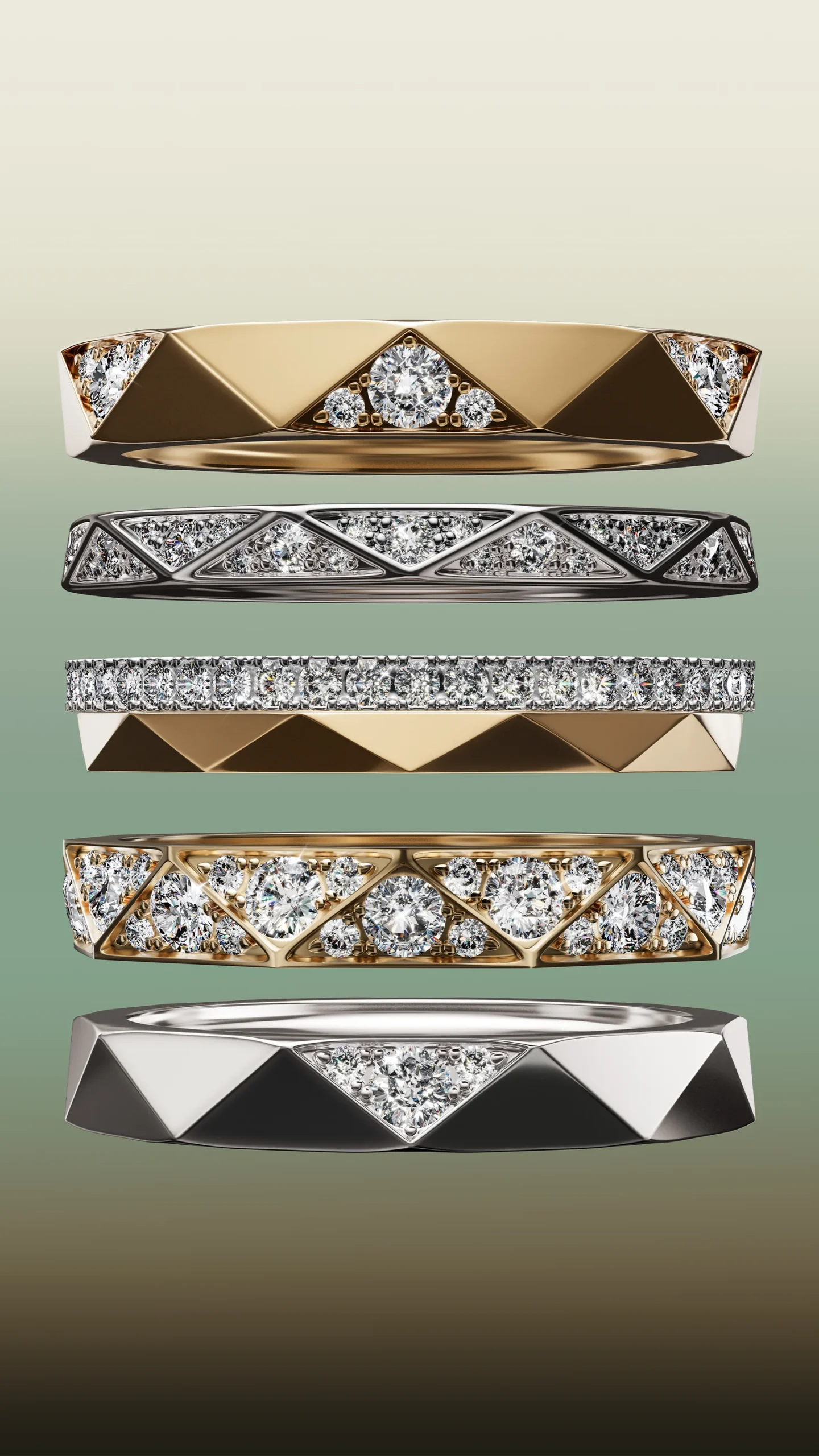 A stack of Laurence Graff Signature faceted rings in yellow and white gold with pavé diamonds