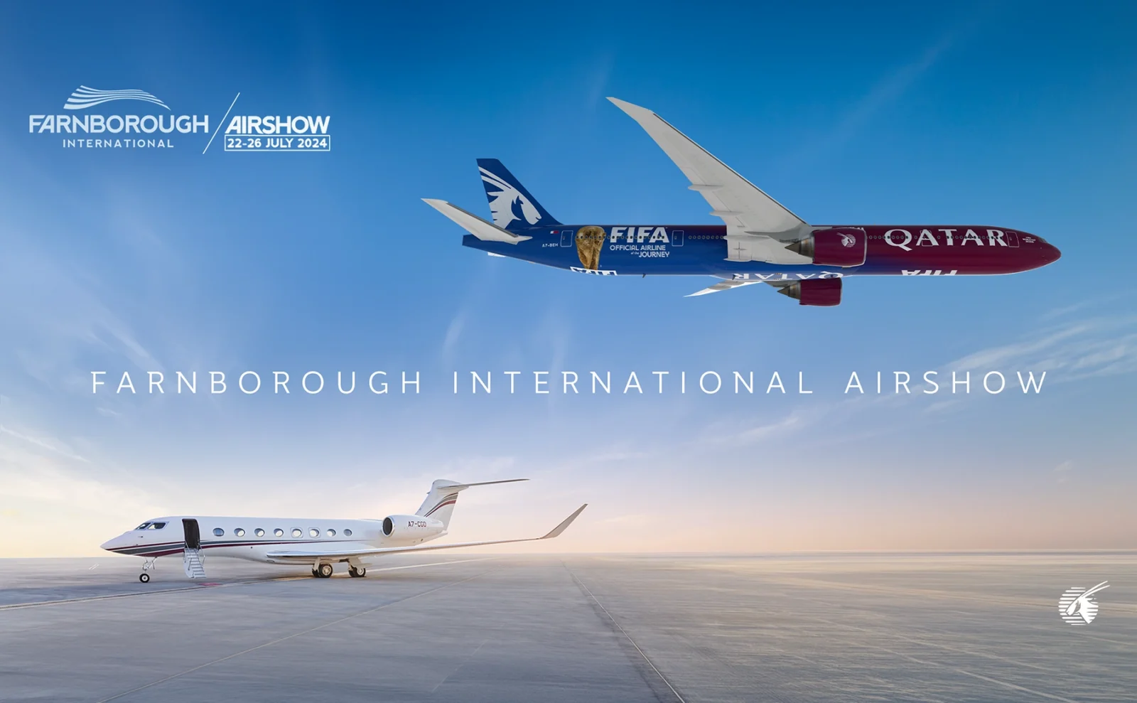 Qatar Airways FIFA World Cup 2026 livery Boeing 777-300ER and Qatar Executive Gulfstream G700 at Farnborough International Airshow 2026