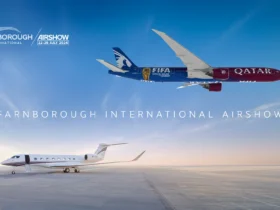 Qatar Airways FIFA World Cup 2026 livery Boeing 777-300ER and Qatar Executive Gulfstream G700 at Farnborough International Airshow 2026
