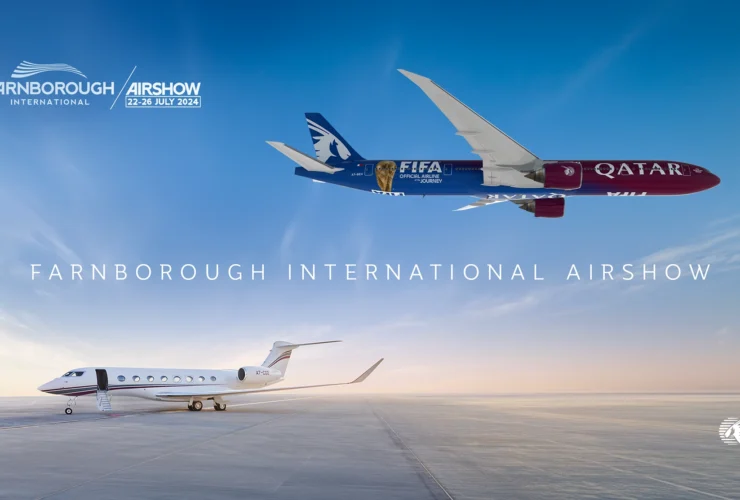 Qatar Airways FIFA World Cup 2026 livery Boeing 777-300ER and Qatar Executive Gulfstream G700 at Farnborough International Airshow 2026