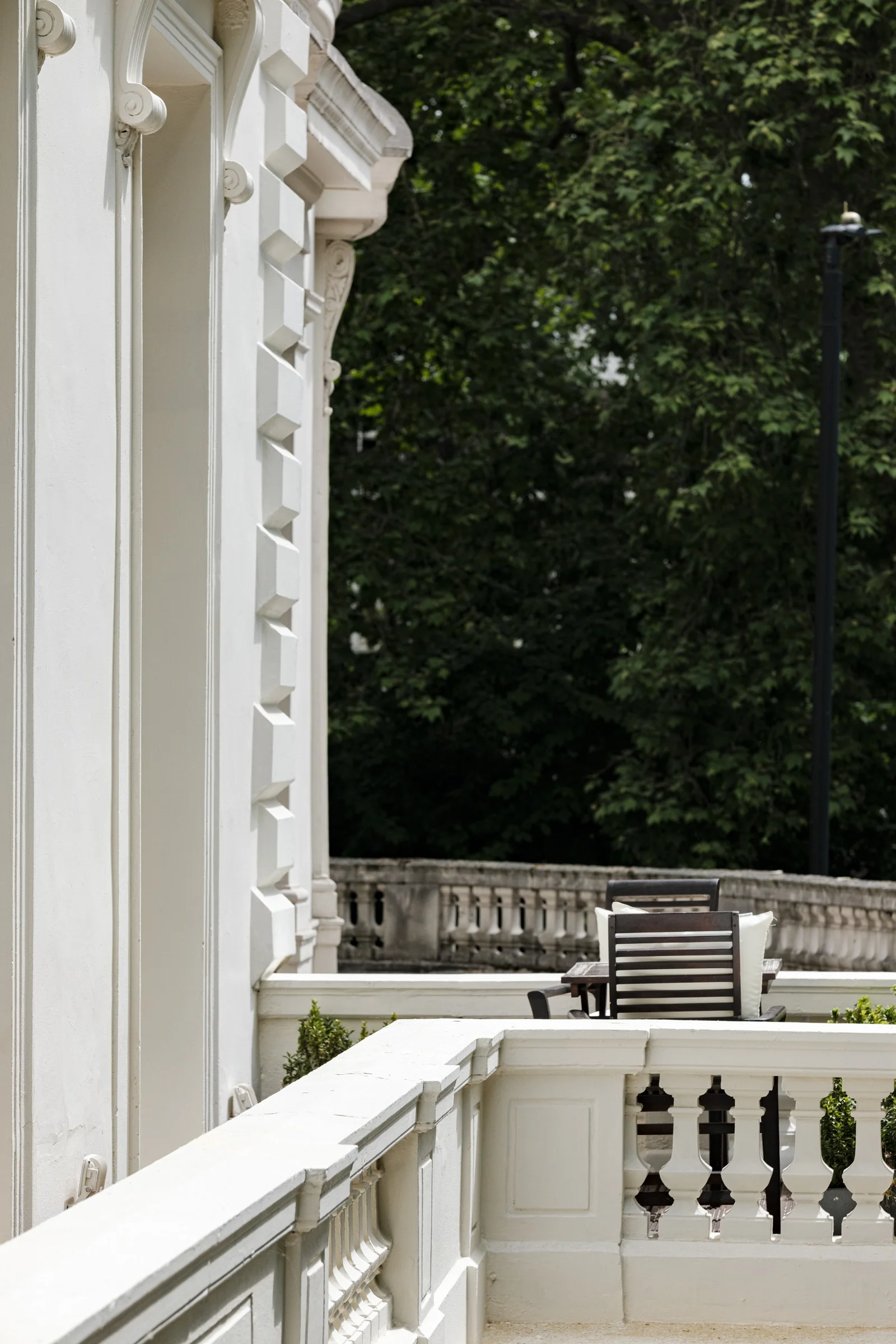 The balcony at Roseate House London looking onto Westbourne Terrace