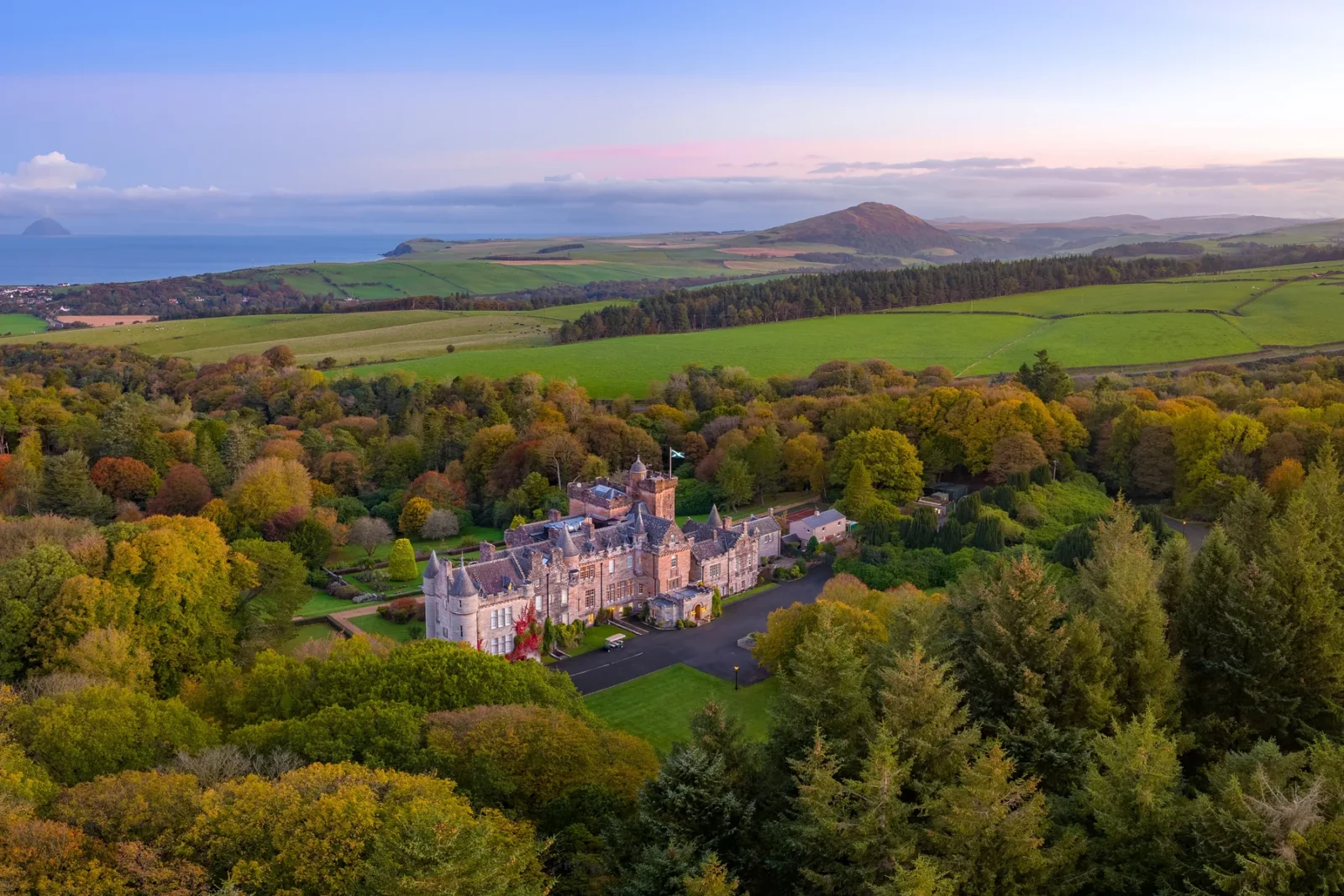 Aerial view of Glenapp Castle on the Ayrshire coast, Scotland