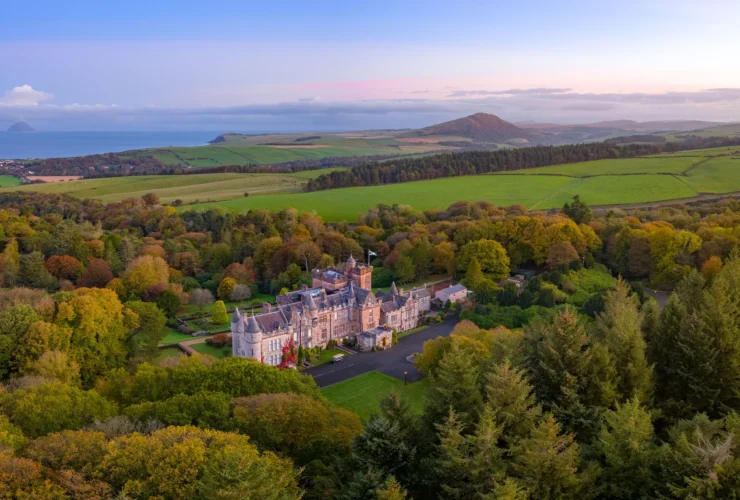 Aerial view of Glenapp Castle on the Ayrshire coast, Scotland