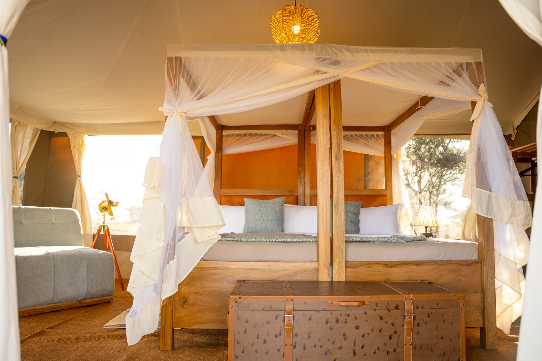 Inside a canvas tent at Wild Wakati Camp, Serengeti