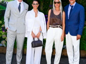 Marisa Abela, Jamie Bogyo, Sarah Harris and Alfe Hollingsworth in Brunello Cucinelli at Wimbledon 2026
