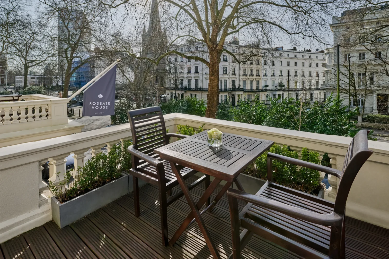 The balcony at Roseate House London overlooking Westbourne Terrace, Paddington