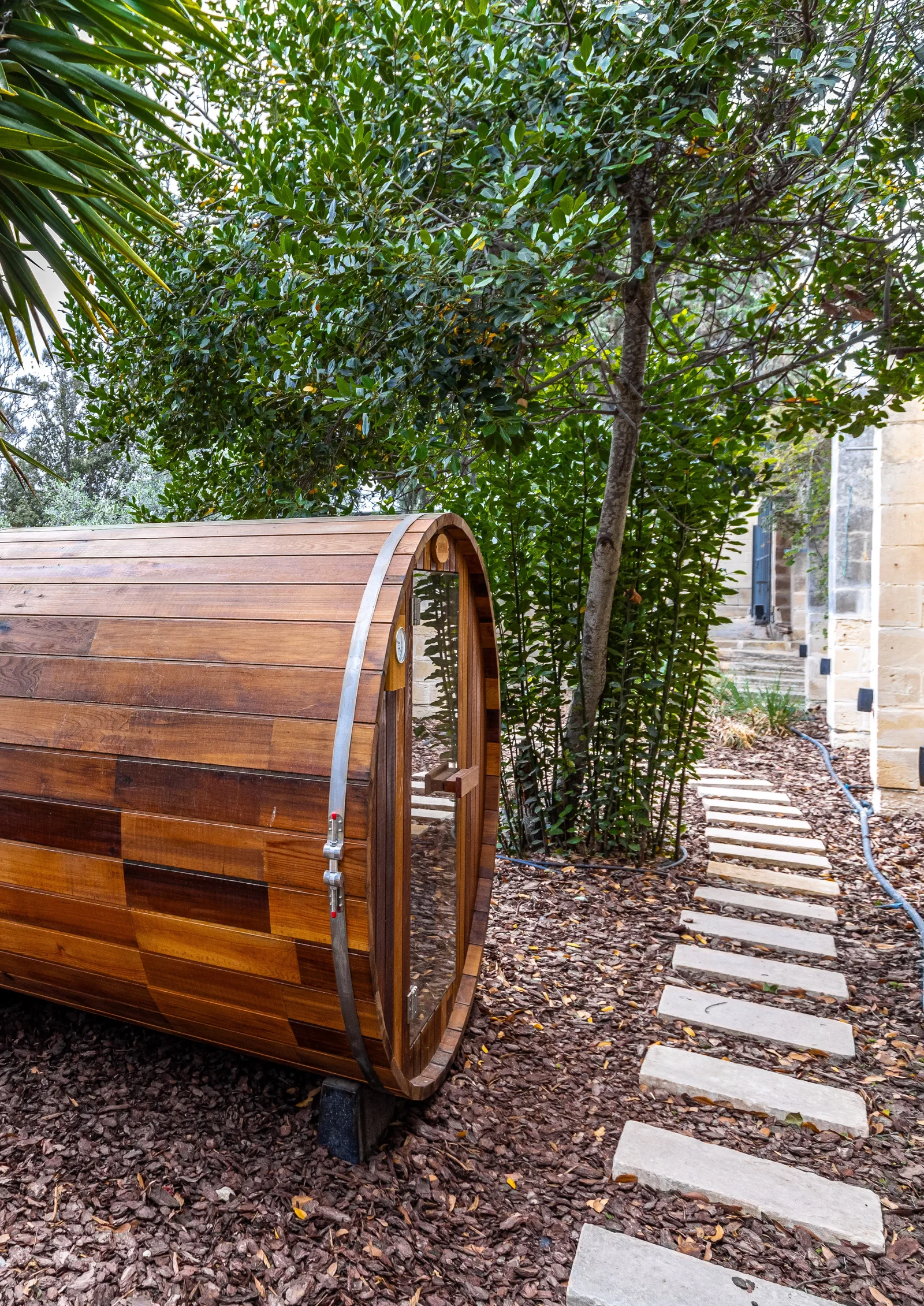 The outdoor barrel sauna at Villa Barumbara Tal-Laring, Malta