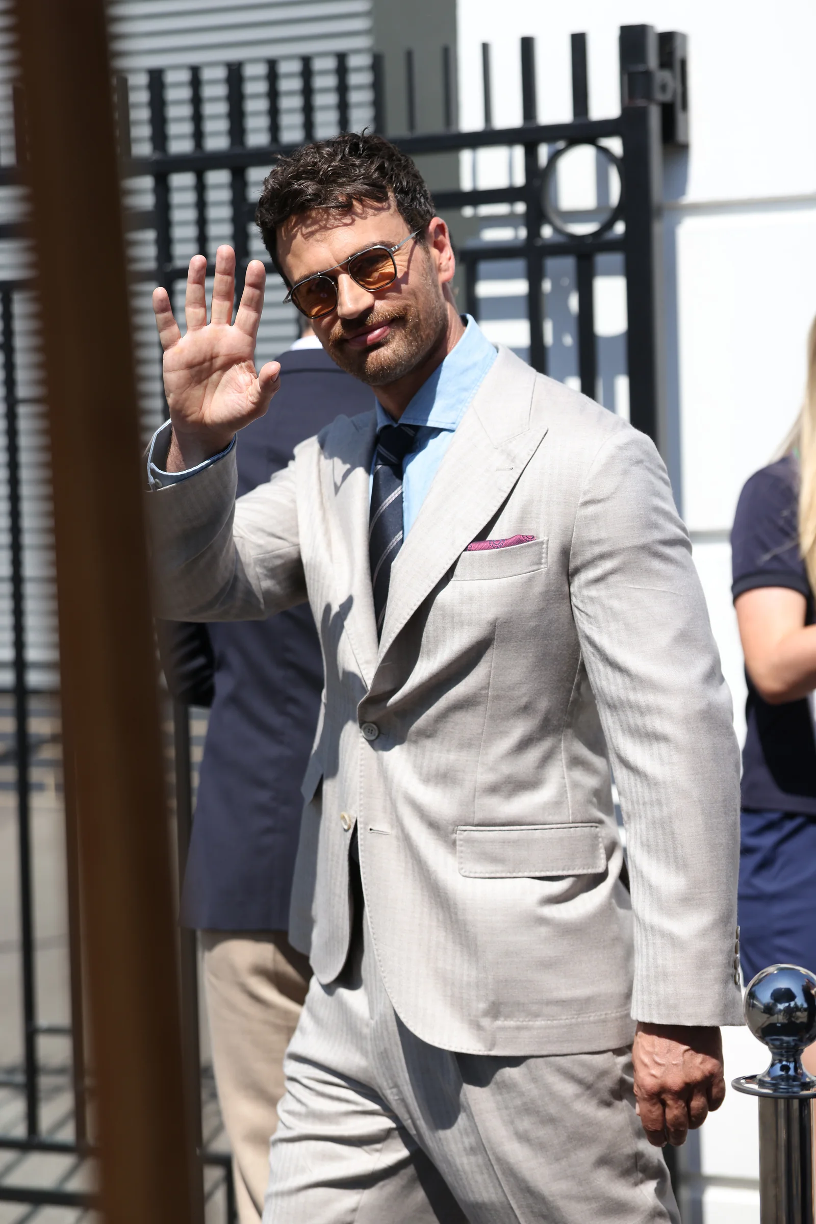 Theo James in a Brunello Cucinelli suit at Wimbledon 2026