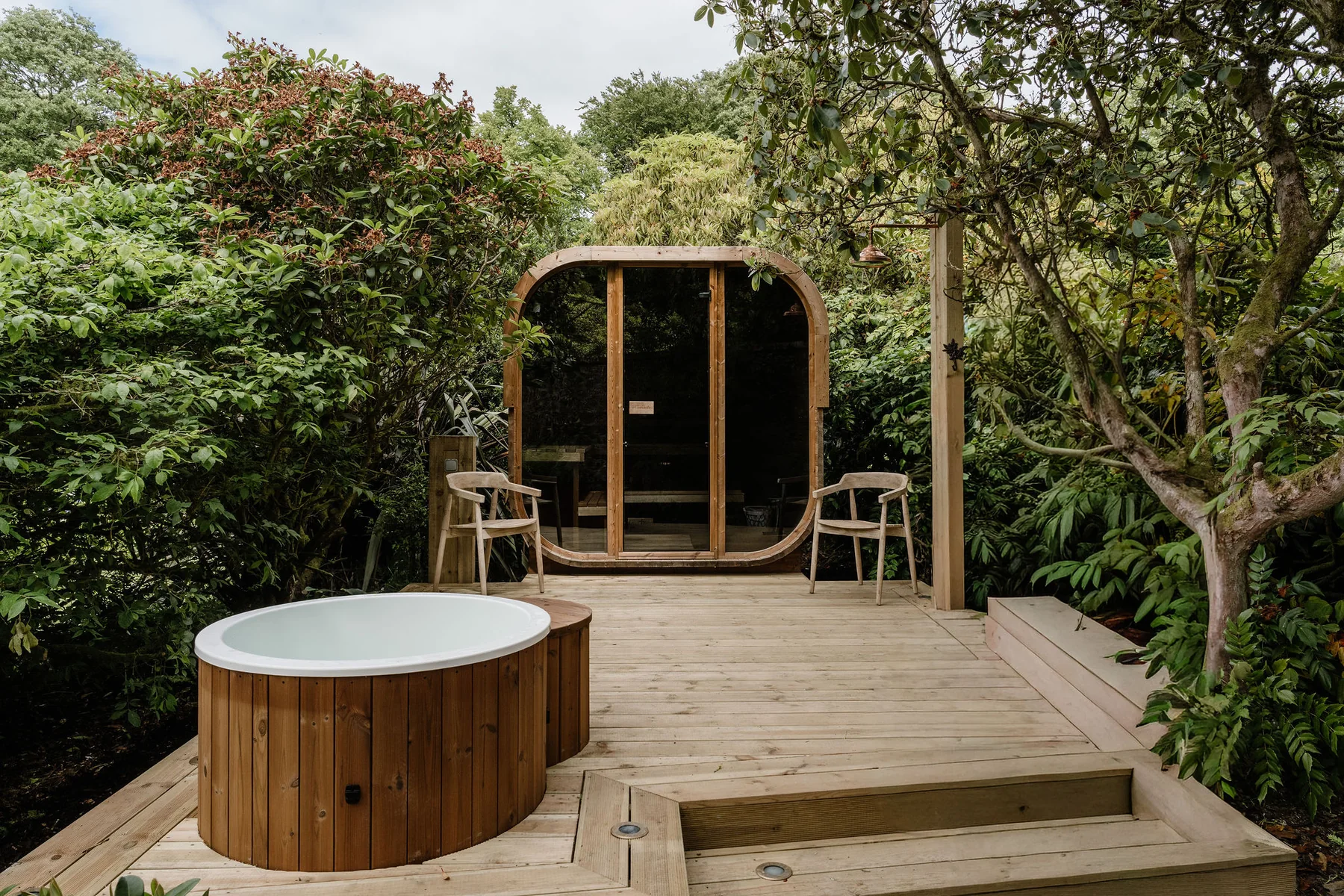 The private sauna and cold plunge terrace at The Nest, Glenapp Castle