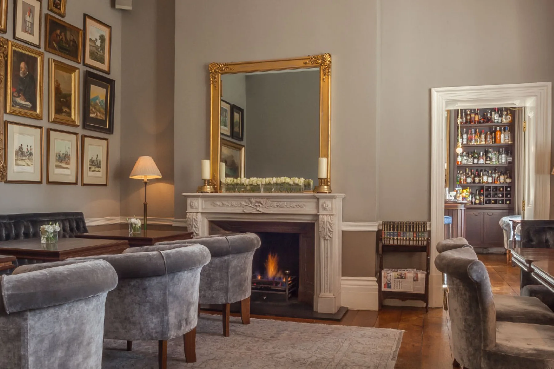 The lounge and fireplace at Roseate House London