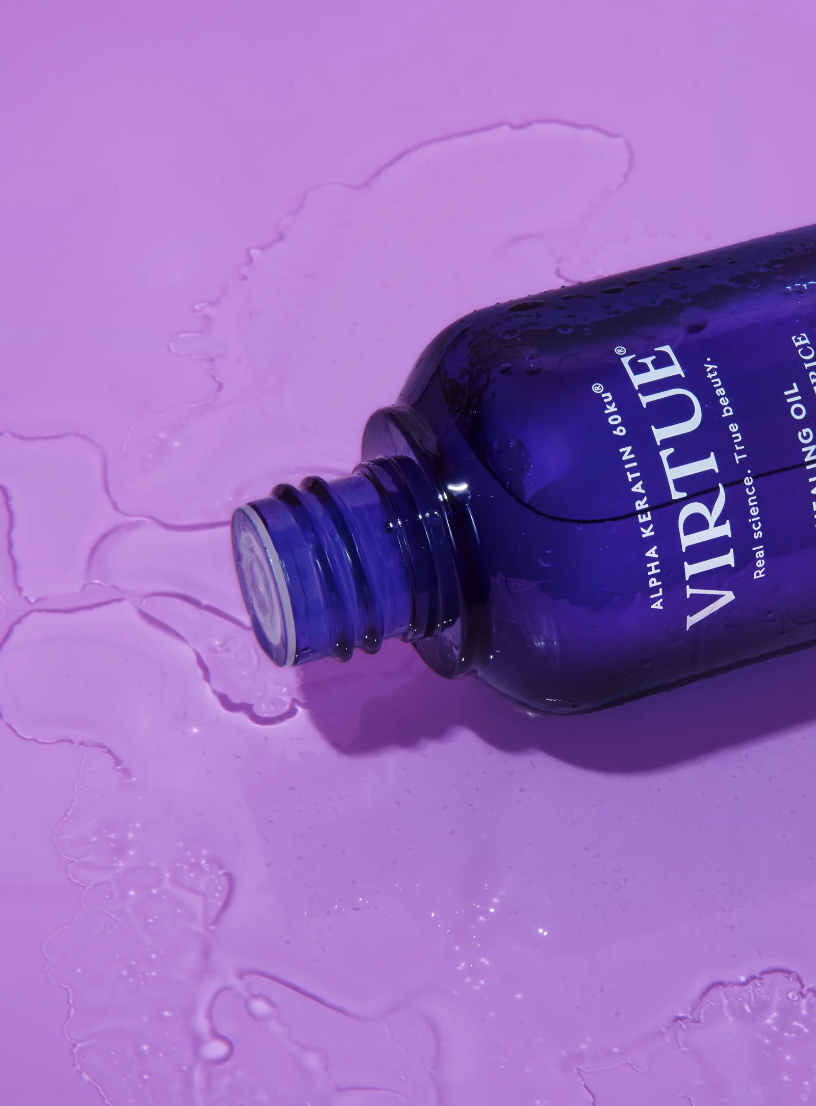 Virtue Healing Oil bottle on a lilac backdrop, Sephora haircare campaign
