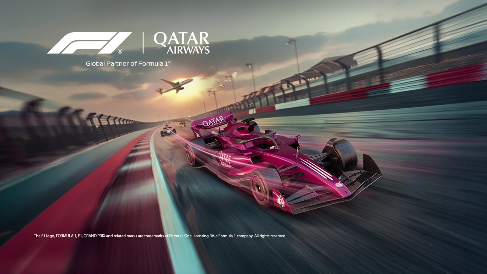 A Qatar Airways liveried Formula 1 car on track, promoting the Qatar Grand Prix 2026 stopover packages