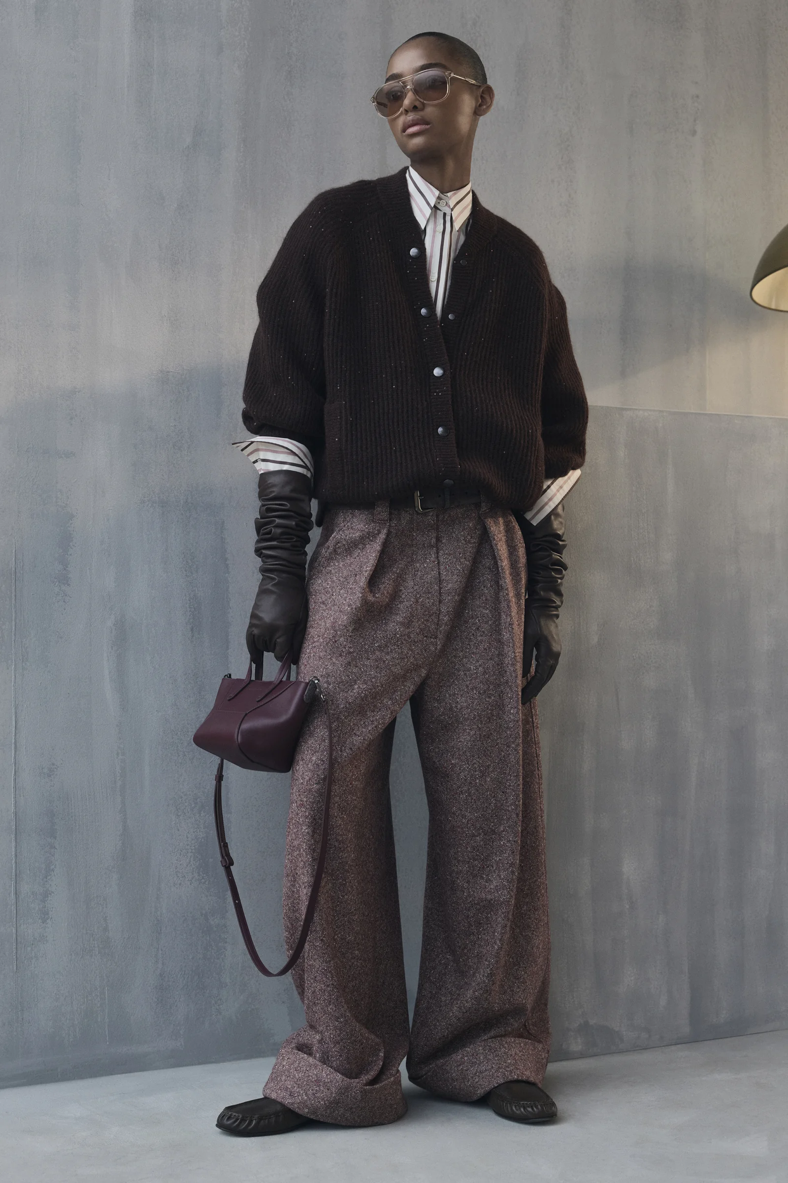 A Brunello Cucinelli cardigan with wide corduroy trousers, Fall Winter 2026