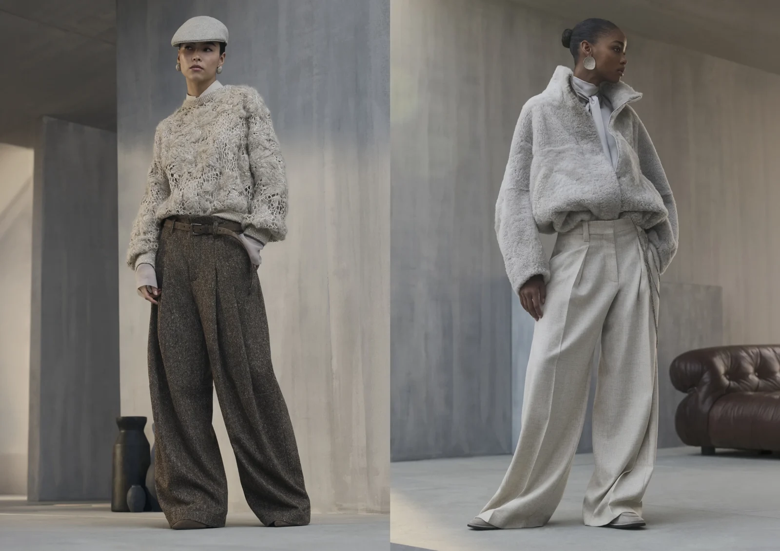 A model in Brunello Cucinelli herringbone tailoring, Pages from Landscapes Fall Winter 2026 banner