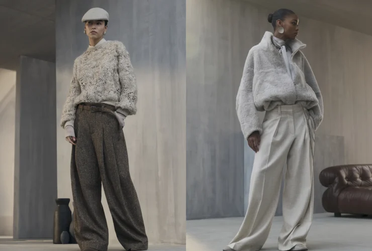 A model in Brunello Cucinelli herringbone tailoring, Pages from Landscapes Fall Winter 2026 banner