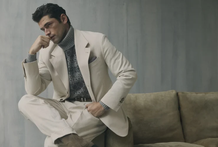 A model in Brunello Cucinelli cream tailoring, Ars Imitatur Naturam Fall Winter 2026 banner