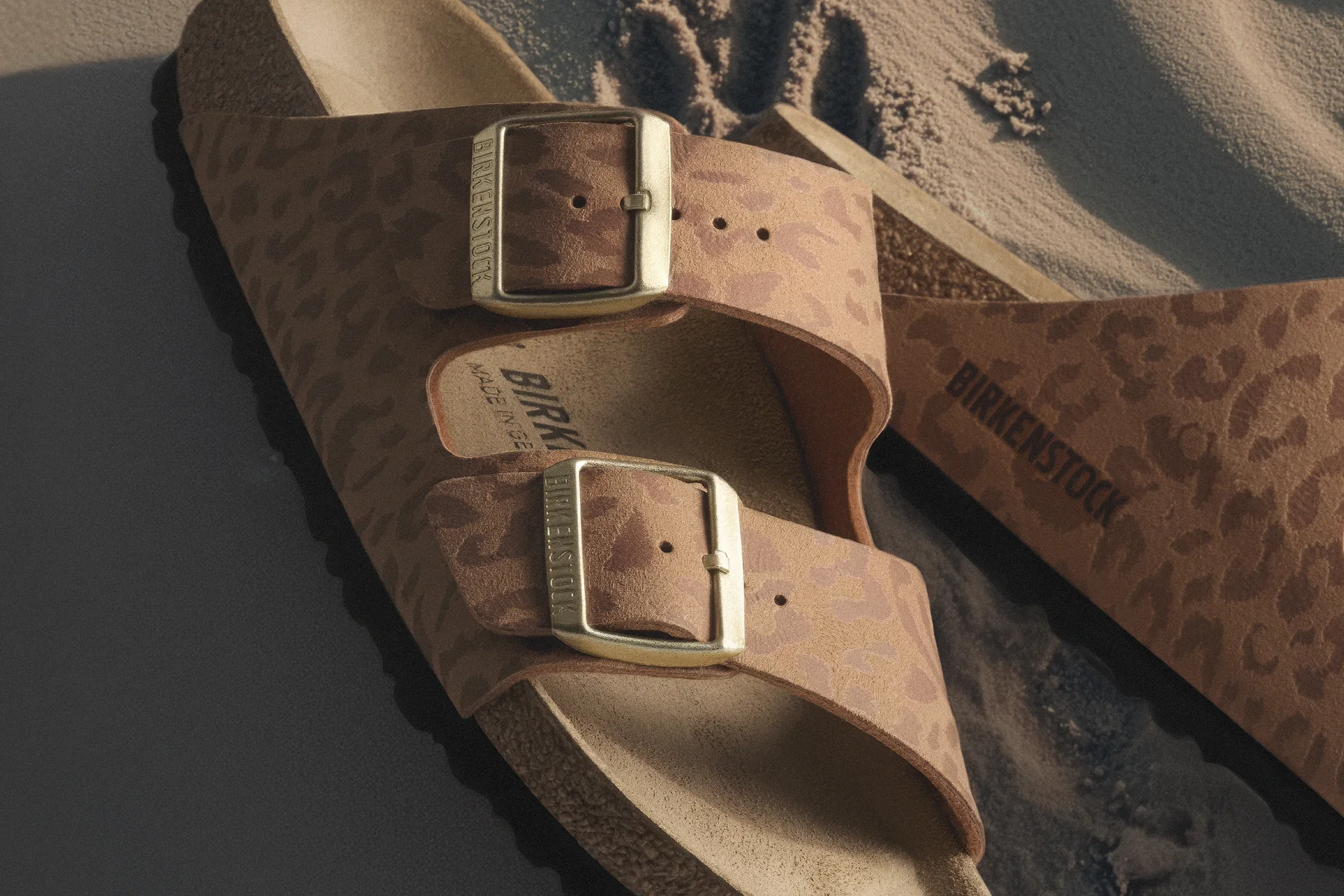 Close detail of the gold Big Buckle on a Birkenstock Animal Pack sandal