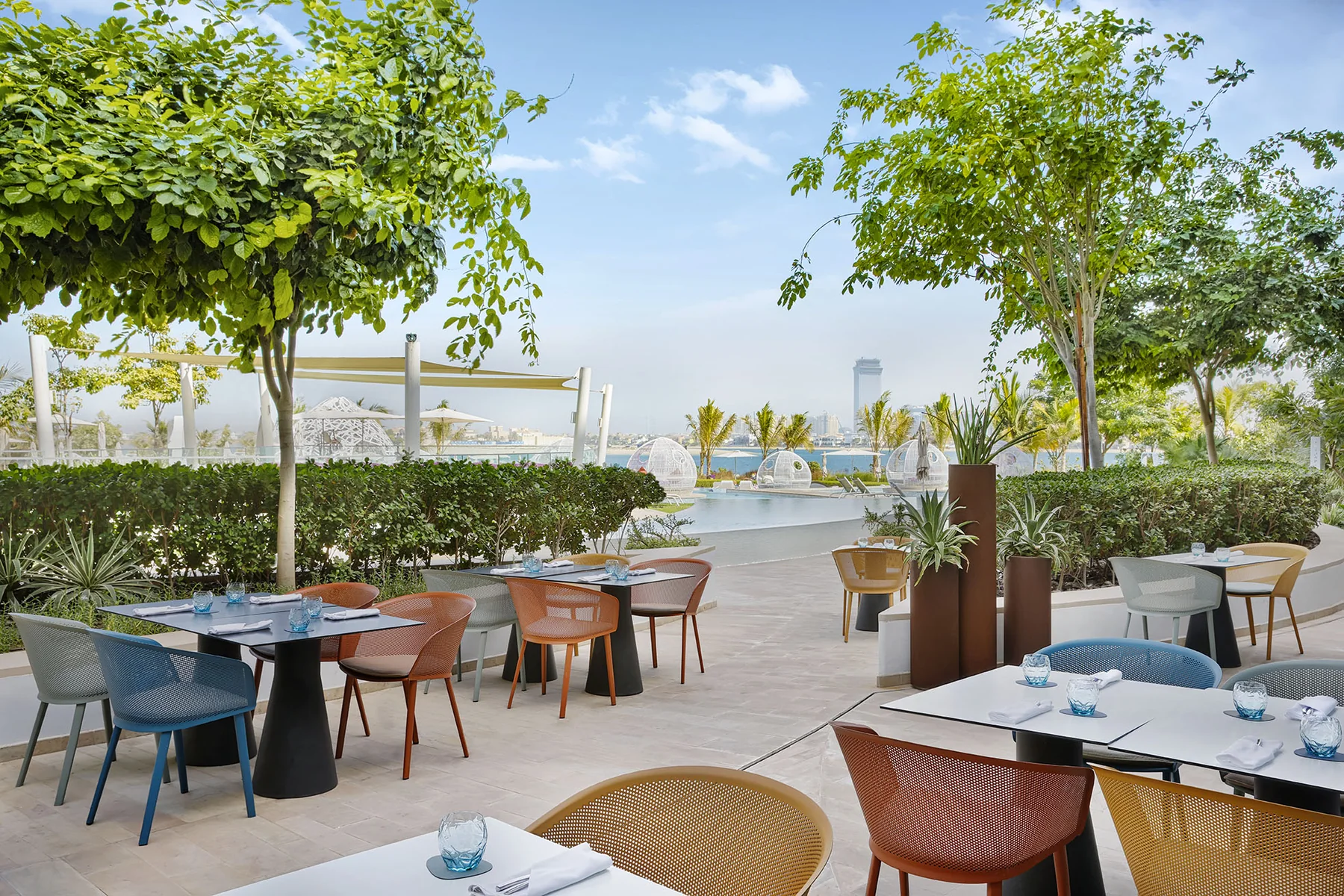 The LIV outdoor dining terrace at W Dubai The Palm