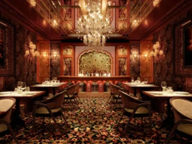 The main dining room at Gymkhana Dubai in DIFC, with chandelier, patterned carpet and stained glass